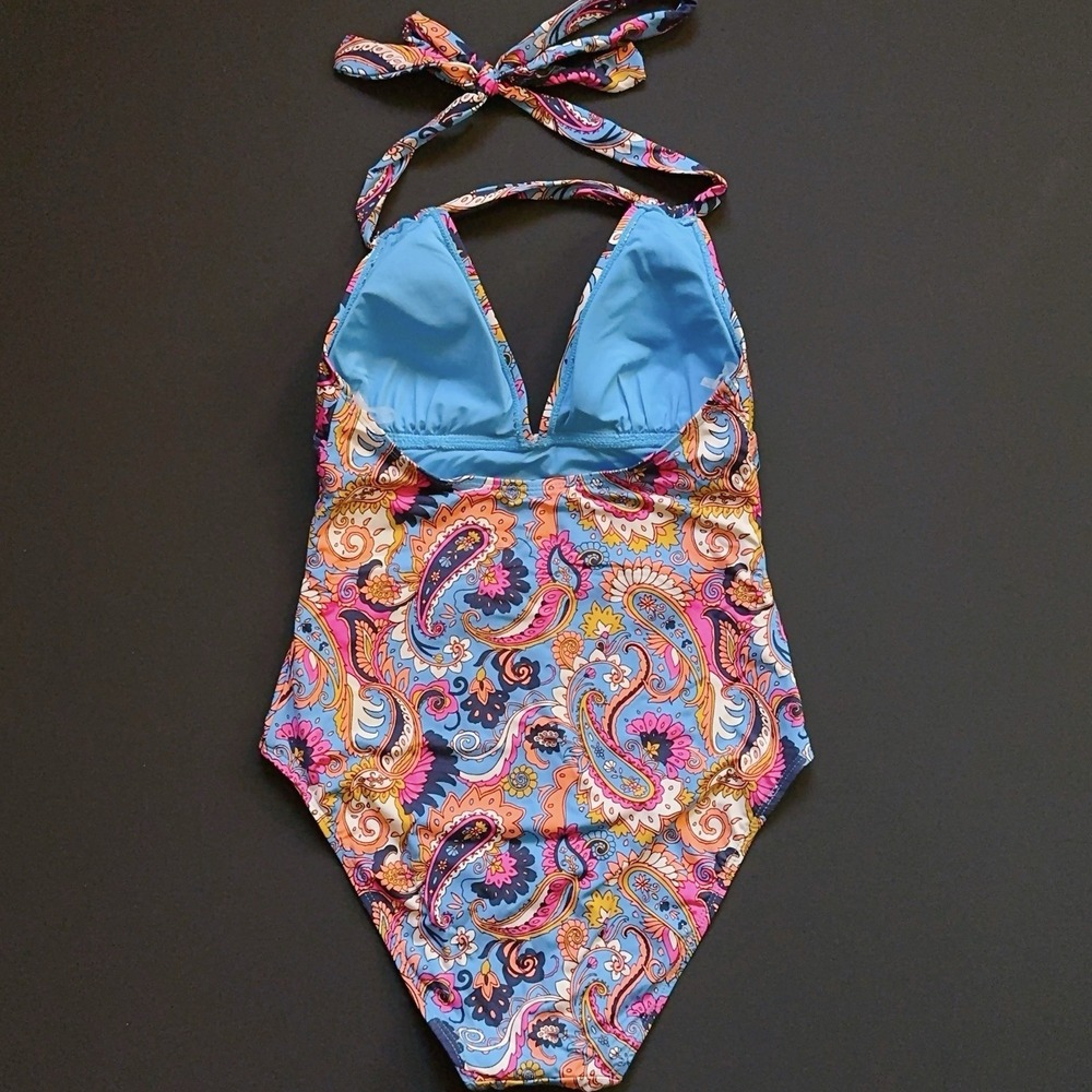 Lucky Brand One Piece Swimsuit Small Paisley Halter Tie Removable Cups NWOT - Picture 2 of 15